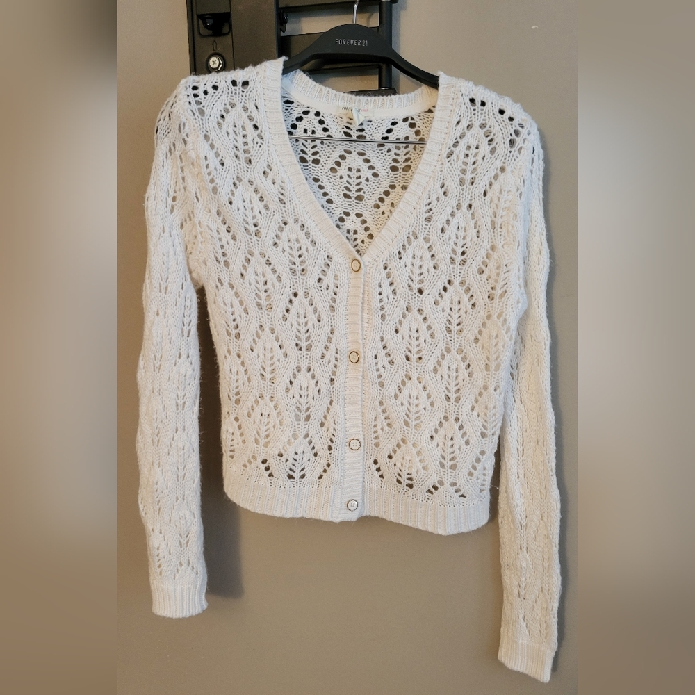Forever 21 Cream Openwork V-Neck Buttoned Cardigan